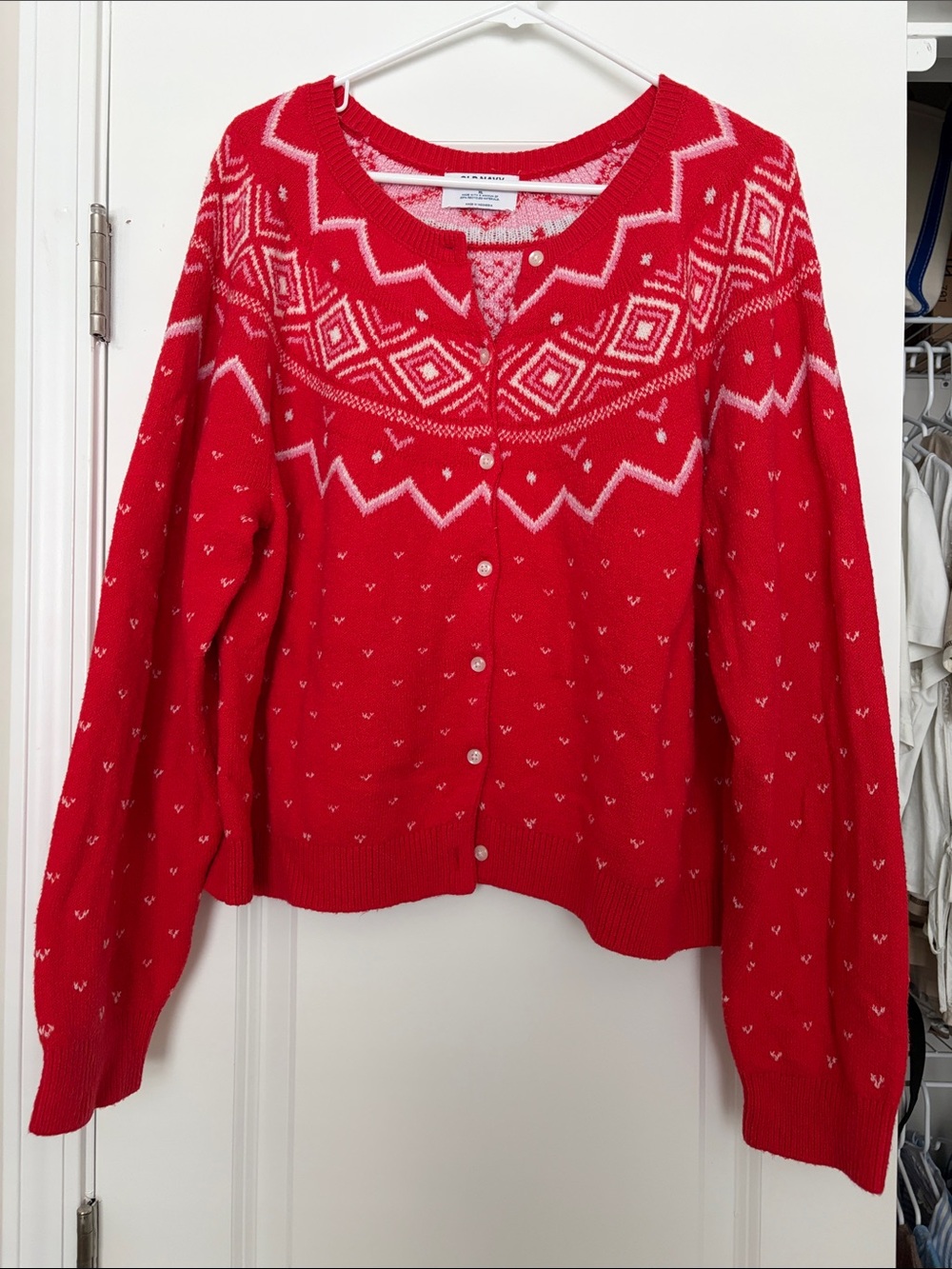 Old Navy Red and White Patterned Button-Front Cardigan